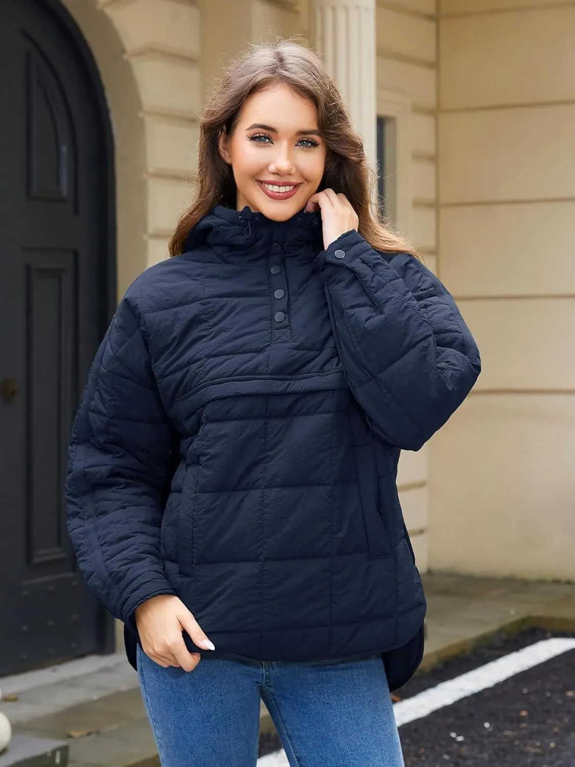 Womens's Lightweight Down Coat Long Sleeve Button Quilted Pullover Puffer Jacket Packable Hooded Winter Coat