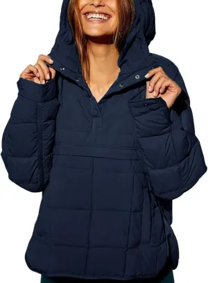 Womens's Lightweight Down Coat Long Sleeve Button Quilted Pullover Puffer Jacket Packable Hooded Winter Coat