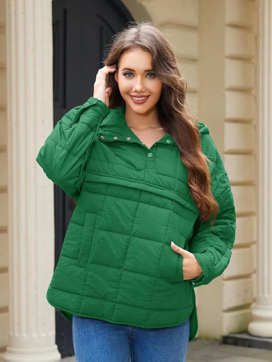 Womens's Lightweight Down Coat Long Sleeve Button Quilted Pullover Puffer Jacket Packable Hooded Winter Coat