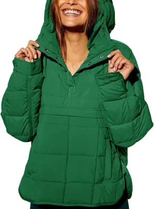 Womens's Lightweight Down Coat Long Sleeve Button Quilted Pullover Puffer Jacket Packable Hooded Winter Coat