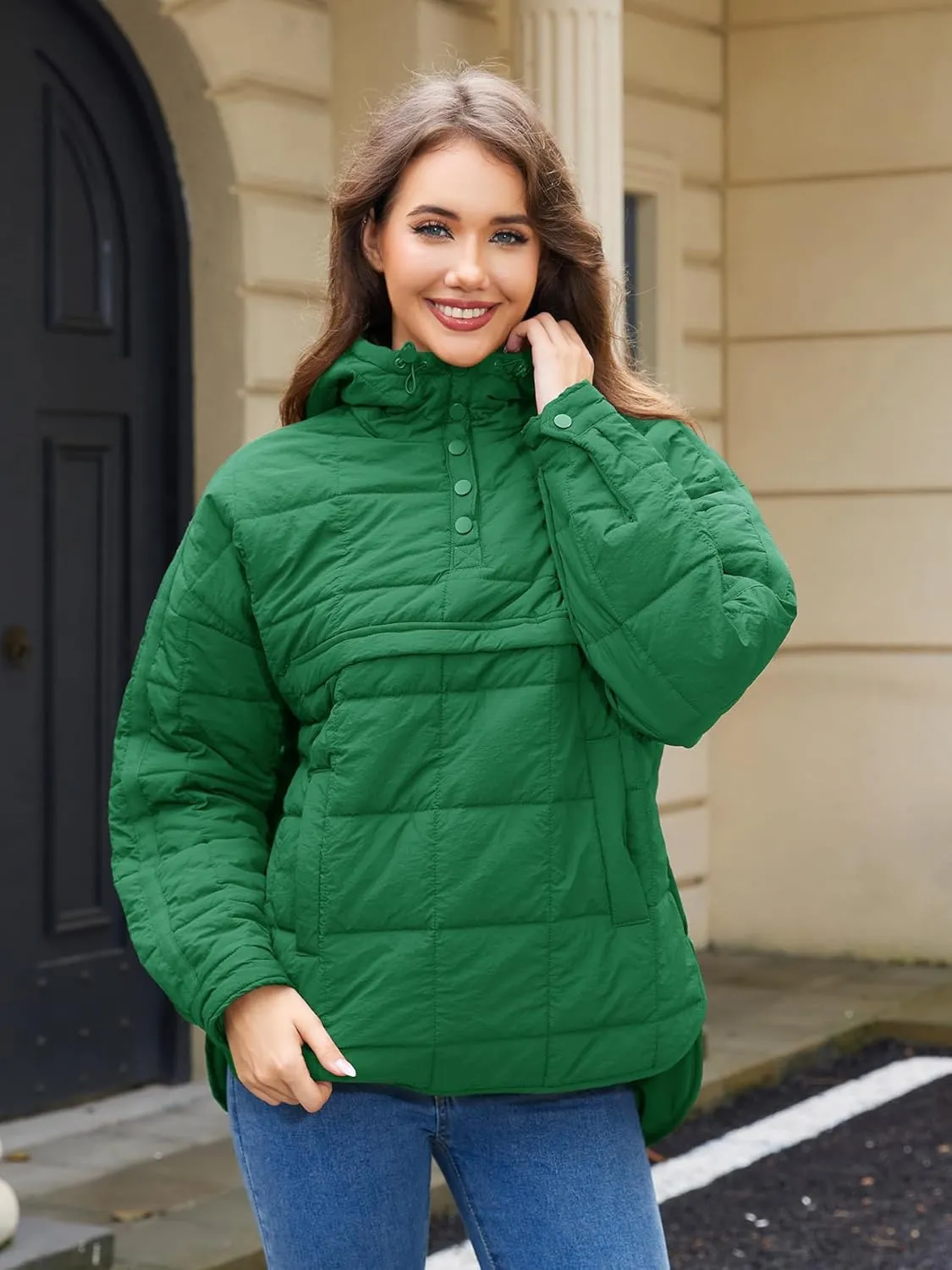 Womens's Lightweight Down Coat Long Sleeve Button Quilted Pullover Puffer Jacket Packable Hooded Winter Coat