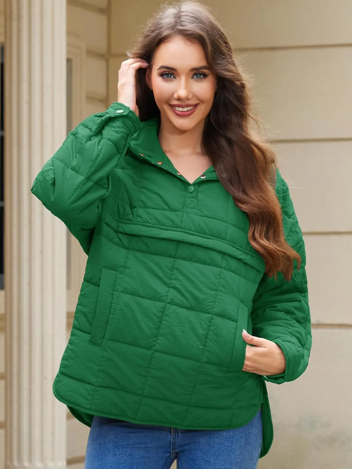 Womens's Lightweight Down Coat Long Sleeve Button Quilted Pullover Puffer Jacket Packable Hooded Winter Coat