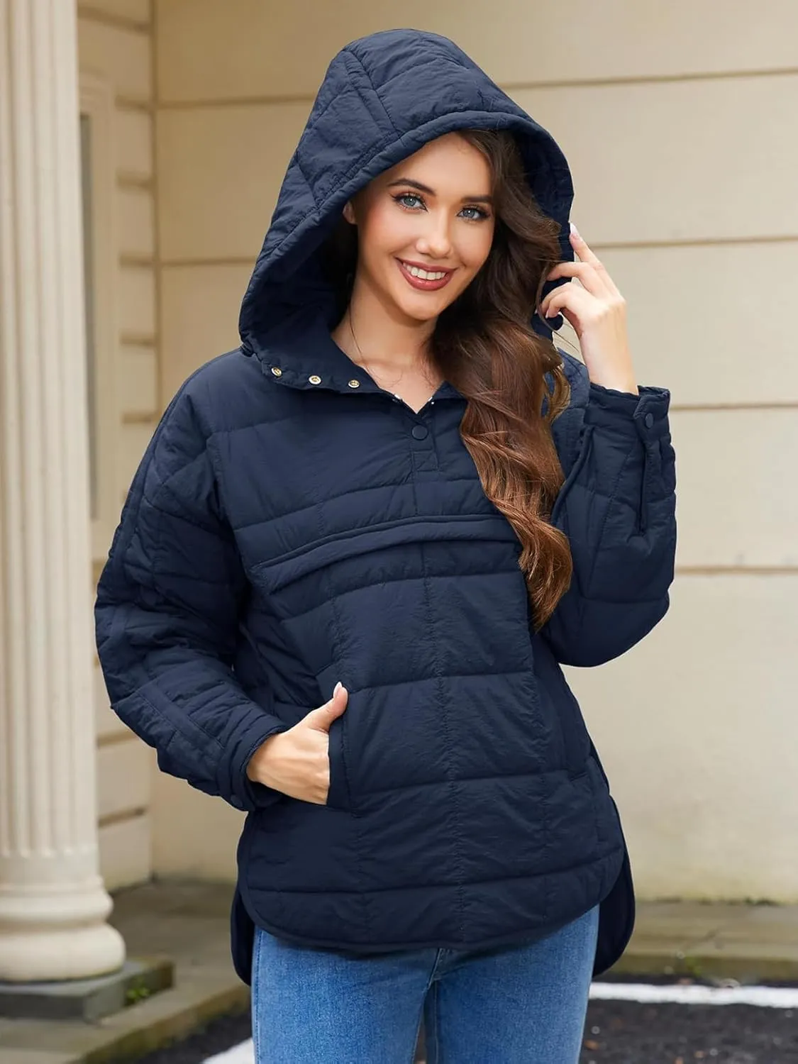 Womens's Lightweight Down Coat Long Sleeve Button Quilted Pullover Puffer Jacket Packable Hooded Winter Coat
