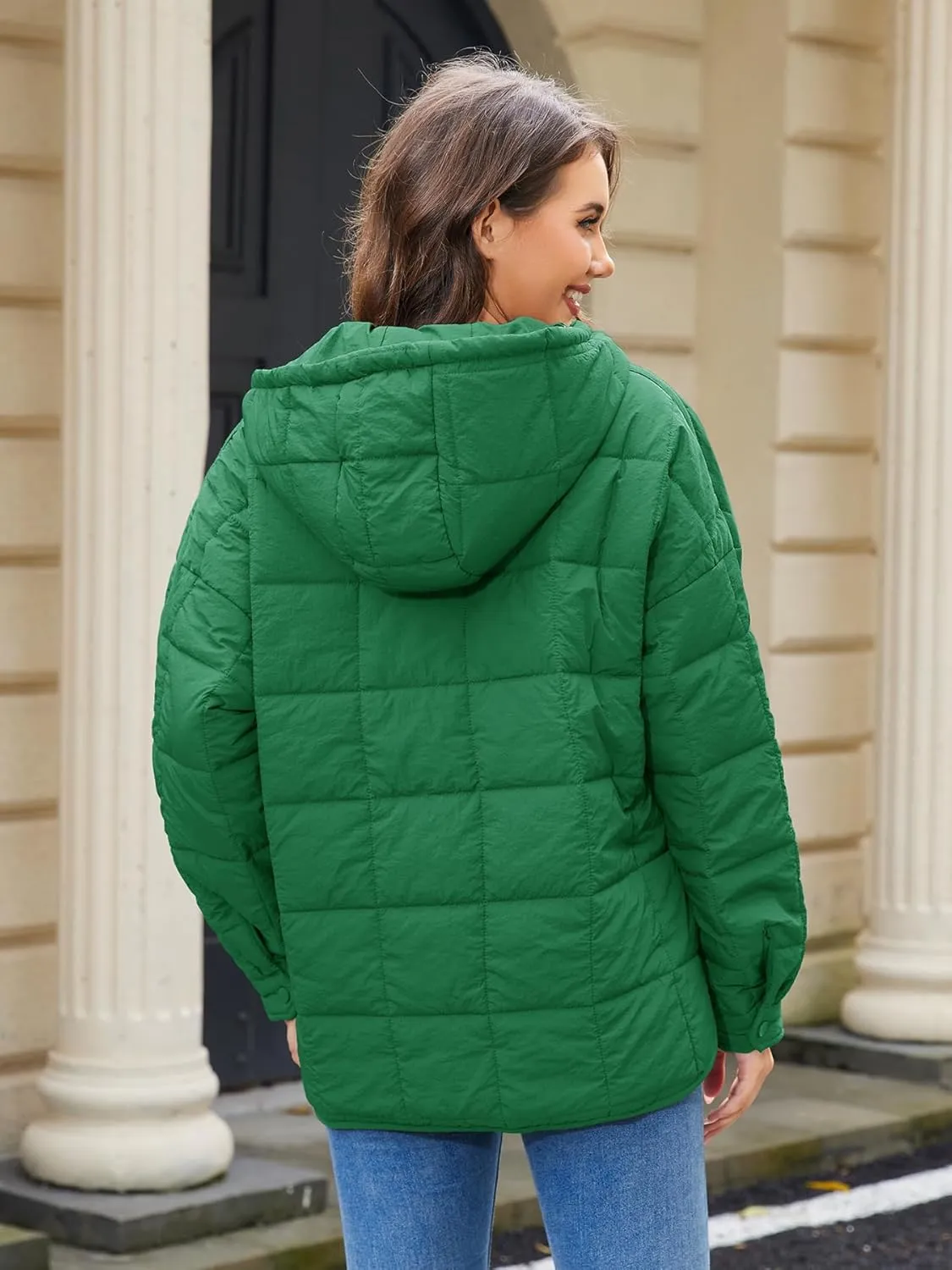 Womens's Lightweight Down Coat Long Sleeve Button Quilted Pullover Puffer Jacket Packable Hooded Winter Coat