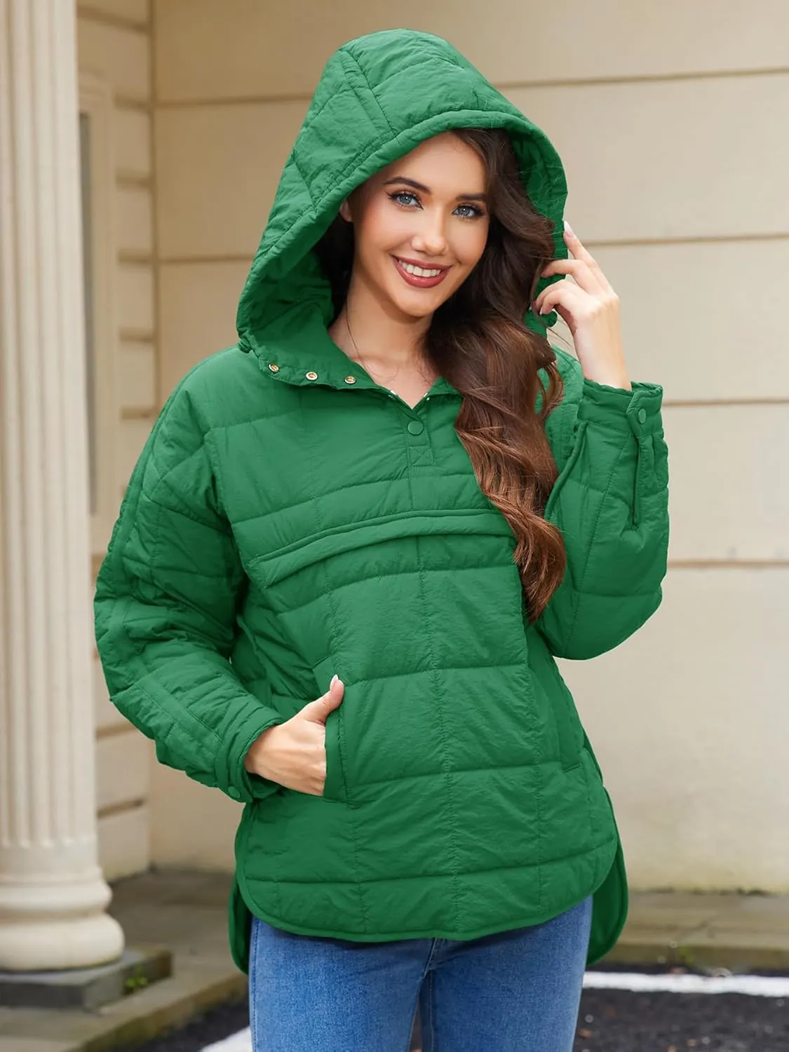 Womens's Lightweight Down Coat Long Sleeve Button Quilted Pullover Puffer Jacket Packable Hooded Winter Coat