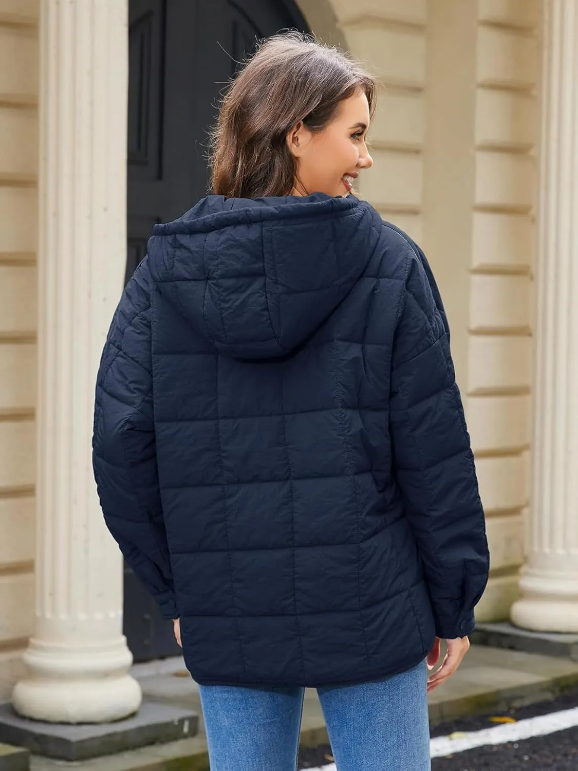 Womens's Lightweight Down Coat Long Sleeve Button Quilted Pullover Puffer Jacket Packable Hooded Winter Coat
