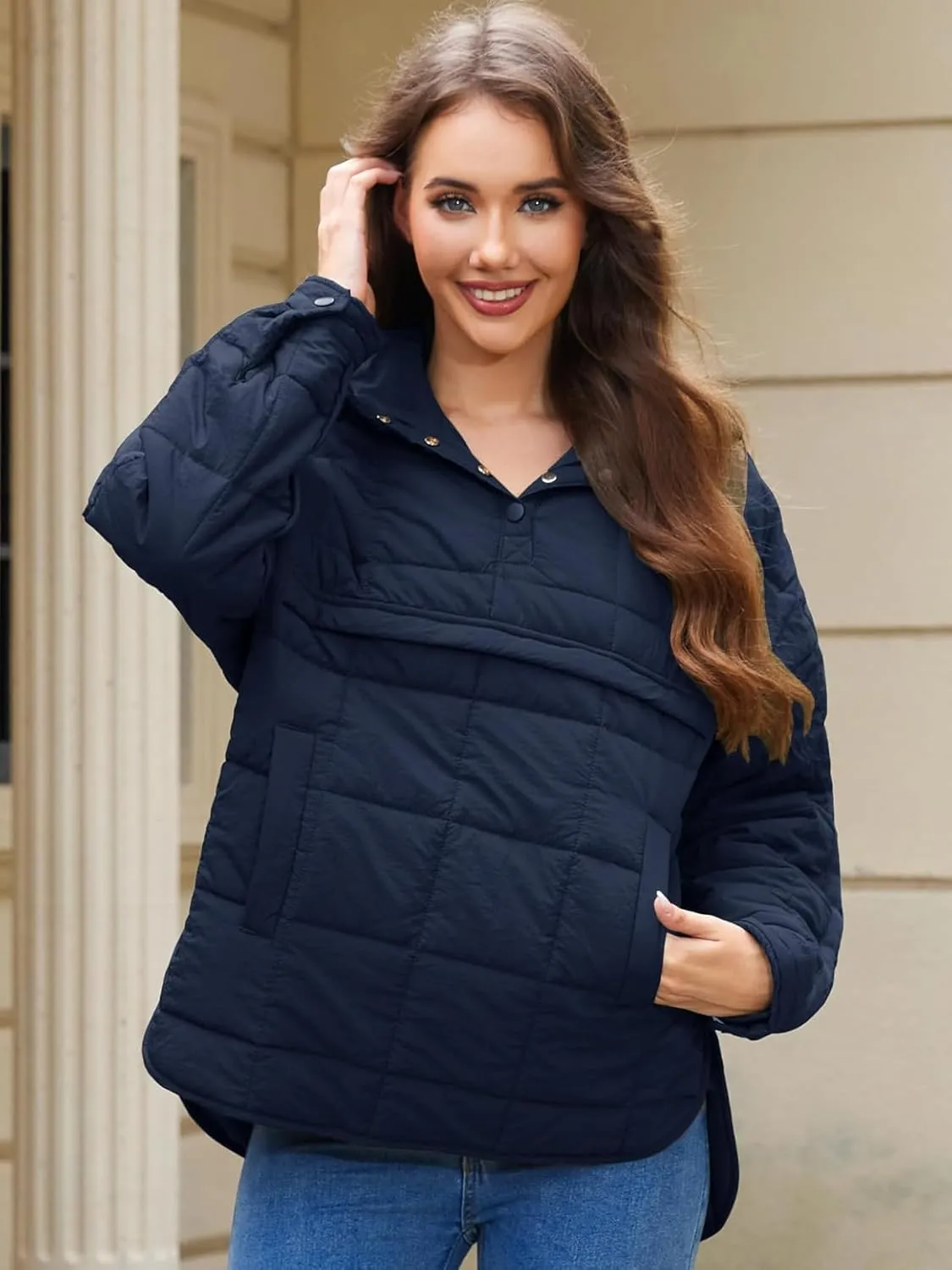 Womens's Lightweight Down Coat Long Sleeve Button Quilted Pullover Puffer Jacket Packable Hooded Winter Coat