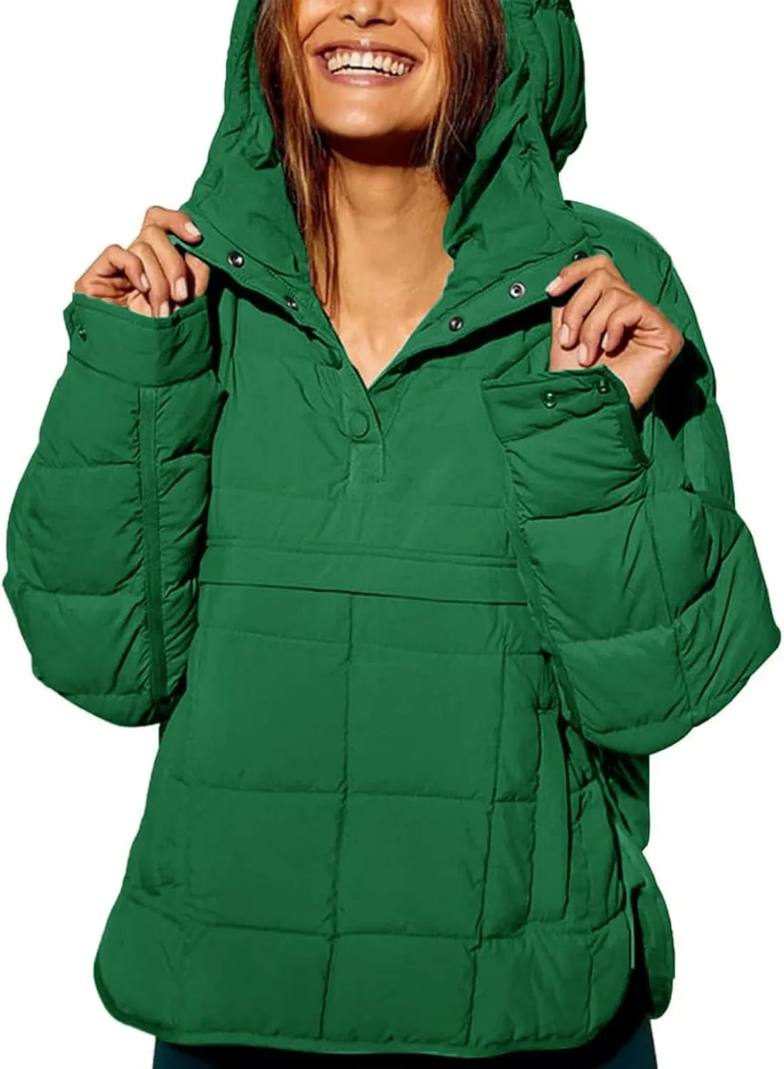 Womens's Lightweight Down Coat Long Sleeve Button Quilted Pullover Puffer Jacket Packable Hooded Winter Coat