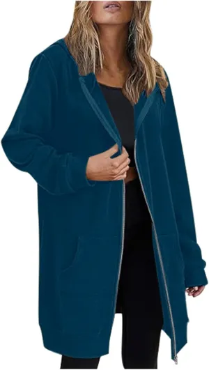 Zip Up Long Hoodie for Women Fleece Plus Size Jacket Long Sleeve Fall Winter Coat Warm Hooded Sweatshirt with Pockets